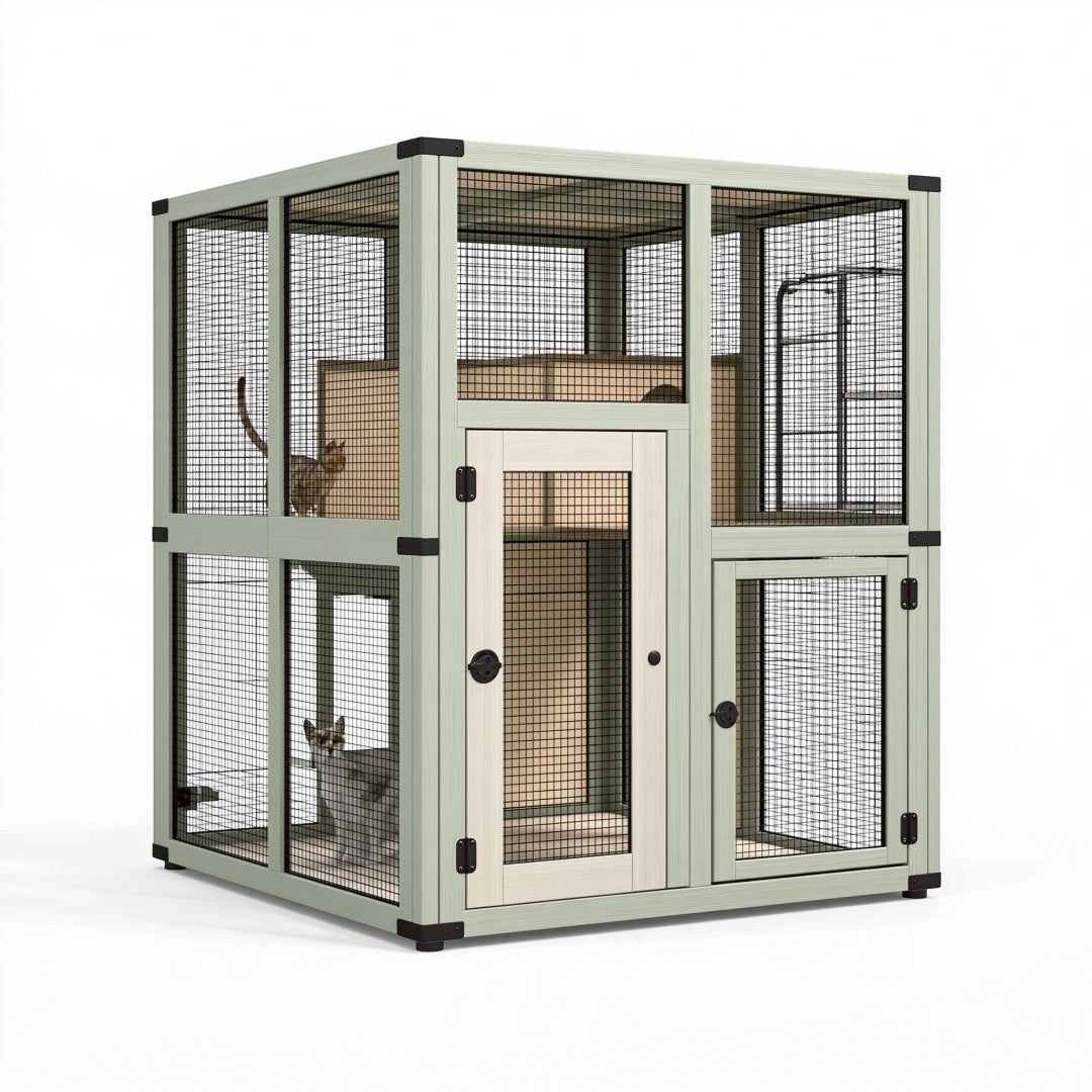Gabbia per gatti 100 x 60 x 120 cm in legno verde salvia con rete metallica a pi¨´ livelli da interno