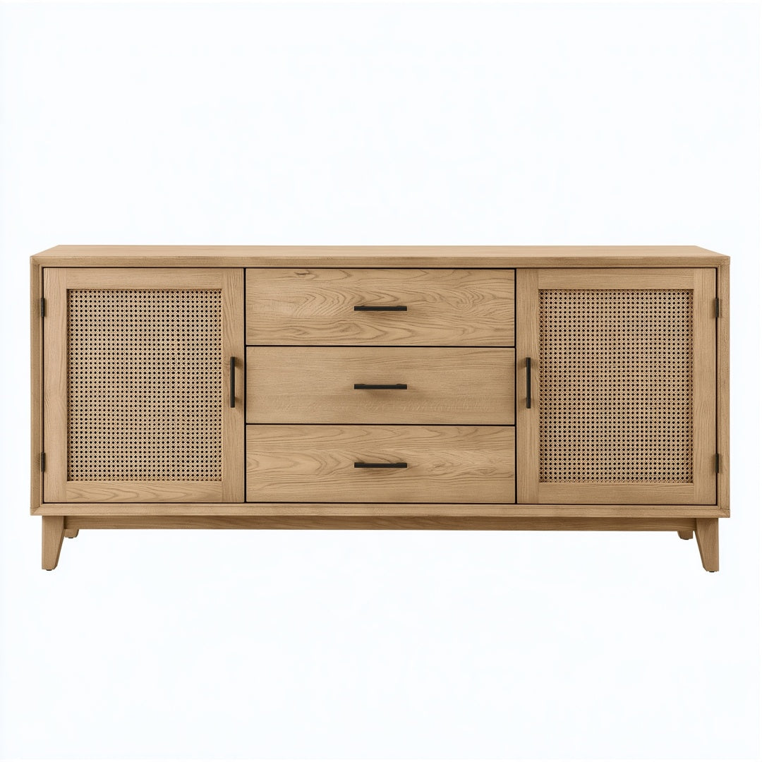 Credenza 180 cm in legno naturale e rattan con 3 cassetti stile boh¨¦mien