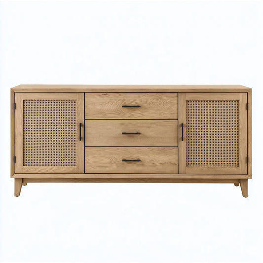 Credenza 180 cm in legno naturale e rattan con 3 cassetti stile boh¨¦mien