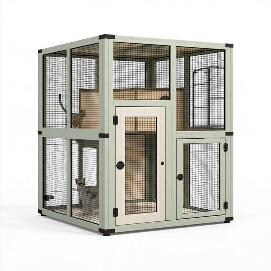 Gabbia per gatti 100 x 60 x 120 cm in legno verde salvia con rete metallica a pi¨´ livelli da interno