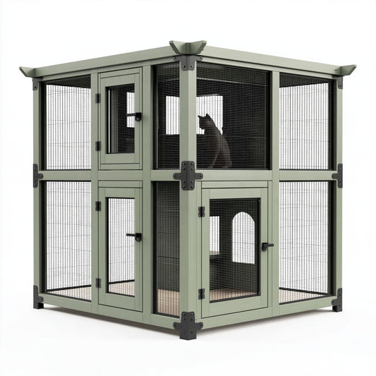Recinto per gatti 120 x 80 x 180 cm in legno e rete metallica verde - struttura a due livelli con porte