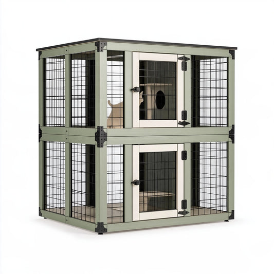 Gabbia per gatti a due livelli 120 x 60 x 120 cm in legno verde con rete metallica