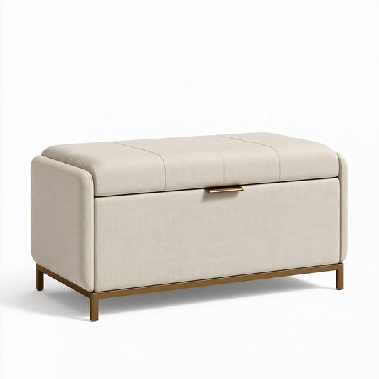 Panca contenitore 100 x 45 x 50 cm in tessuto beige con struttura in metallo dorato - stile moderno